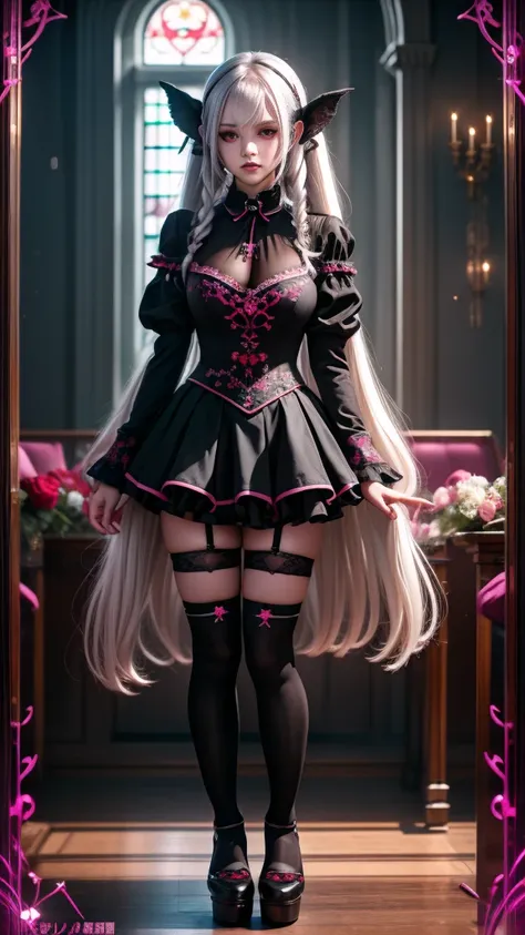 Deep night sky、Horror、  x} long hair straight hair  、Succubus、  expression of intense sexual pleasure,   highest quality、noble、  twin tail hair   、jet black ruffled skirt、  right black eye  , the left eye is red、  super adorable pose  、platform shoes、Stron...