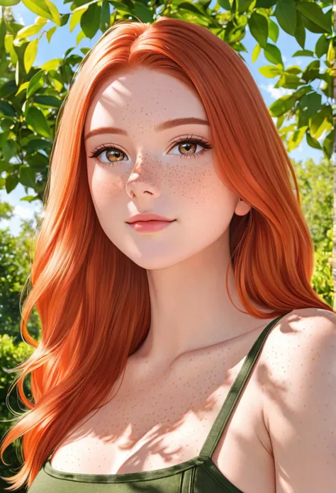 LiluCinnamon, long hair, smile, bare shoulders, closed mouth, upper body, red hair, outdoors, day, orange hair, tree, tank top, realistic, body freckles