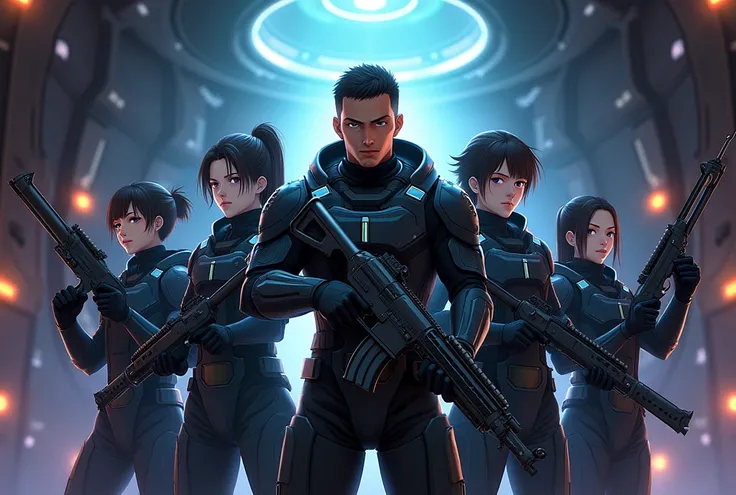  anime style .  5 mass effect-style space soldiers . 2 of them with rifles ,  one of them with a shotgun ,  one with a pistol and one with a submachine gun .  The five are grouped together in a room on a ship.