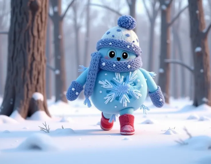 3D Pixar character, a real life animated snowflake with eyes and mouth, with legs and arms, walking through a winter snowy forest in red boots, a knitted hat and a knitted scarf with blue and white polka dots