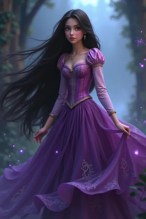 black rapunzel with dark brown hair, purple dress like the same one in the disney’s tangled 