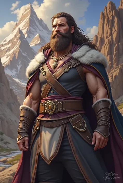 Digital artwork featuring a rugged, bearded man with long, flowing hair set against a dramatic mountainous landscape. The man has a strong jawline, piercing eyes, and a weathered complexion, suggesting a life of adventure. He wears a dark tunic with intric...