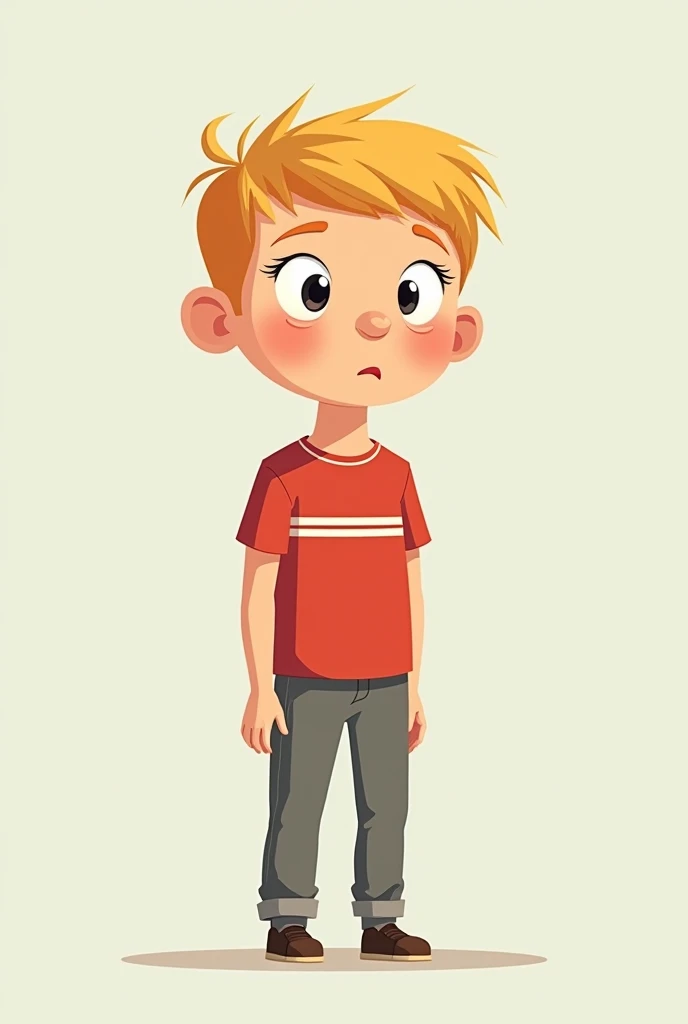 Tall boy, with straight blond hair, wearing grey trousers and a red shirt with a white stripe, looking straight ahead with a slightly surprised face, cartoon illustration, rens book illustration , cartoon style illustration ,  digital illustration,  flat i...