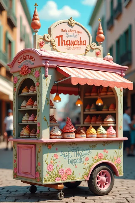 An ice cream cart that says THAYACHA ice cream story in every bite 
