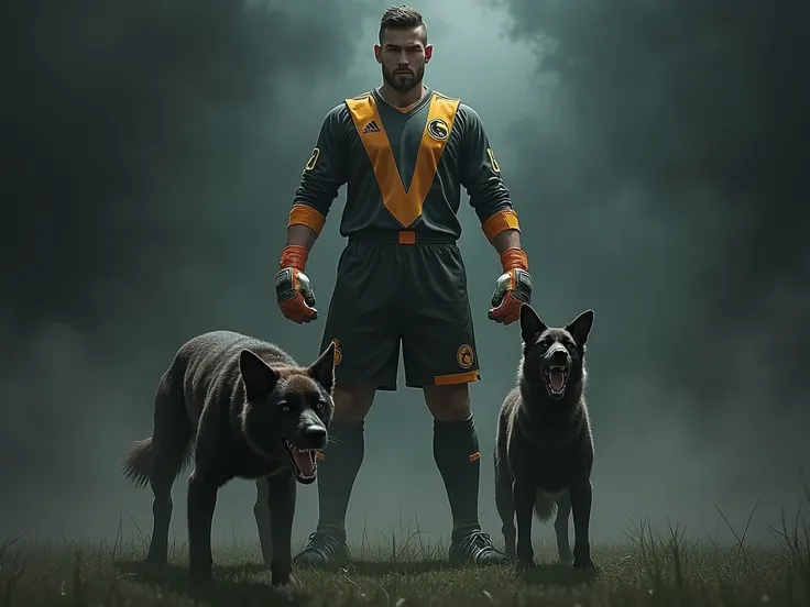 A soccer goalkeeper with goalie gloves and next to his angry dog. dark background, sombrio, fighting game, personagem de fighting game, mortal kombat