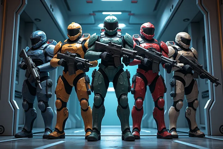  anime style . 5 space soldiers , with different mass effect armor and helmets . 2 of them with rifles ,  one of them with a shotgun ,  one with a pistol and one with a submachine gun .  The five are grouped together in a room on a ship.