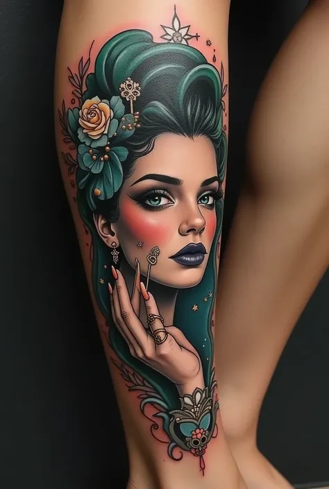  Create me a tattoo design for a womans leg  ,  this design has to have as its main the face of a woman , and a womans hand holding a key full of magic  , the tattoo style has to be surreal inspired by art deco haz que el rostro
O este mirando de lado Ojos...