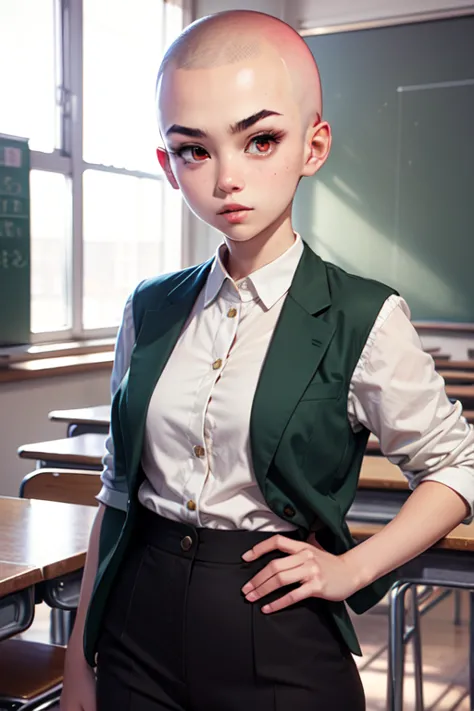 1girl, aizawa tomo, 18yo, ((buzzcut shaved head)), red hair, thick brows, red eyes, big brests, tall height, uniforme escolar, c...