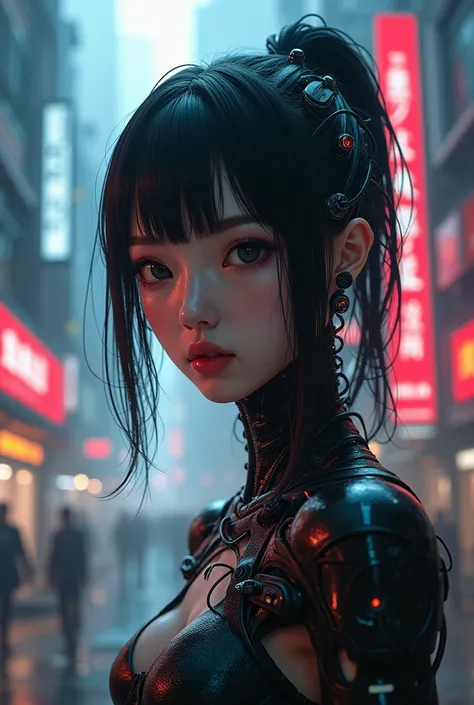 plano general de toda la escena, la chica se ve centrada en la imagen un poco alejada de la camara:1.5, Chica anime .., linda chica cyborg, partes ciberneticas, mecánica, carteles con luces de neón cables, anime ciberpunk arte digital, cyberpunk Chica anim...