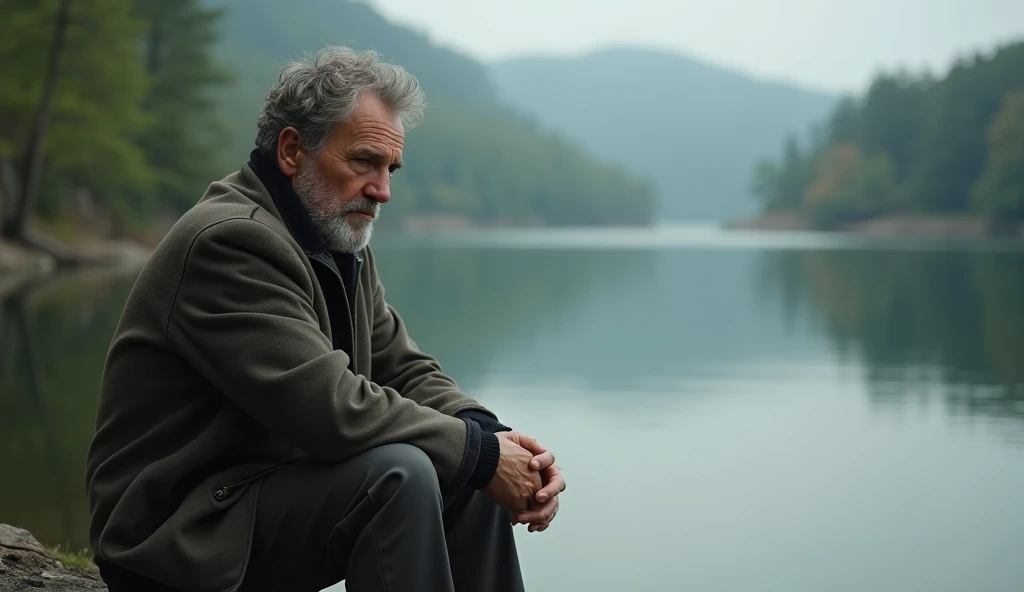  Man with a thoughtful expression of doubt , seated by a lake ,  about the lack of humility in religious institutions