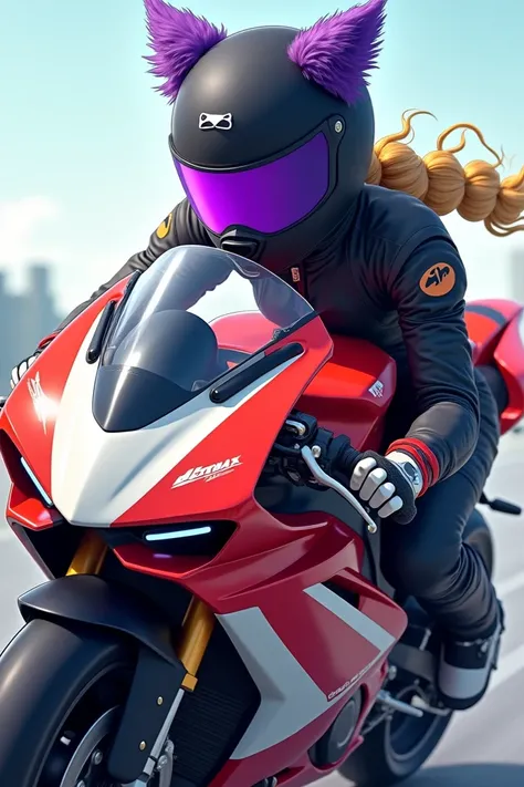 Side profile of a girl on a red, white and a little blue sport motorcycle, with a black full helmet and a purple visor with fluffy cat ears on helmet and a blonde braid in motorcycle gear