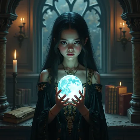 A pretty girl young medieval Gothic witch looking at a crystal ball 