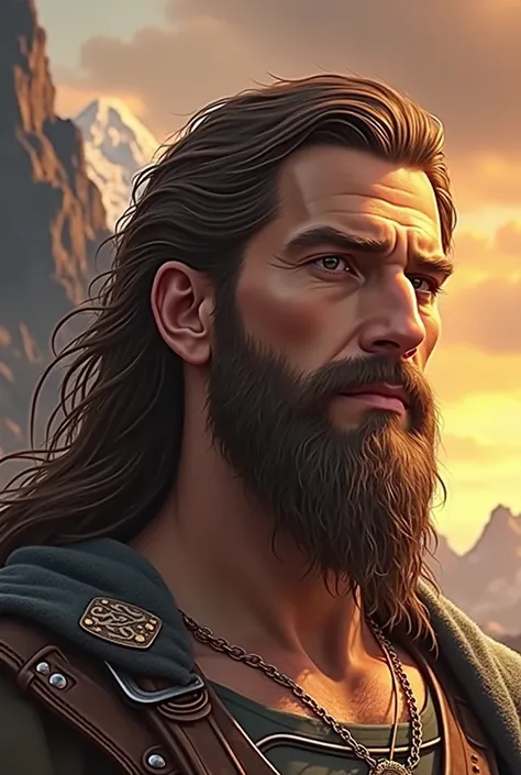 Digital artwork featuring a rugged, bearded man with long, flowing hair set against a dramatic mountainous landscape. The man has a strong jawline, piercing eyes, and a weathered complexion, suggesting a life of adventure. He wears a dark tunic with intric...