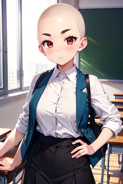 1girl, aizawa tomo, 18yo, ((buzzcut shaved head)), red hair, thick brows, red eyes, big brests, tall height, uniforme escolar, c...