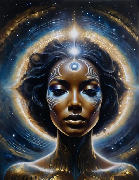 A close-up of a womans face, with her eyes closed and her head tilted back. She is surrounded by a mystical natural phenomenon, which is a swirling vortex of light and color. The vortex is in the shape of a giant eye, with a pupil that is the same color as...