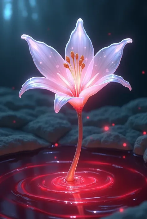 Anime-style illustration of a lily made of translucent, shiny crystal sprouting from a seed in a pool of blood