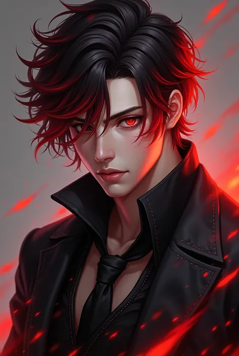 A handsome and attractive boy ,  who has red and black hair ,  who has red and black eyes  ,  who has a red scar on one eye  ,  who wears black clothes with ties that his shirt shows a little of his chest,  who wears gloves and who looks like the god of fi...