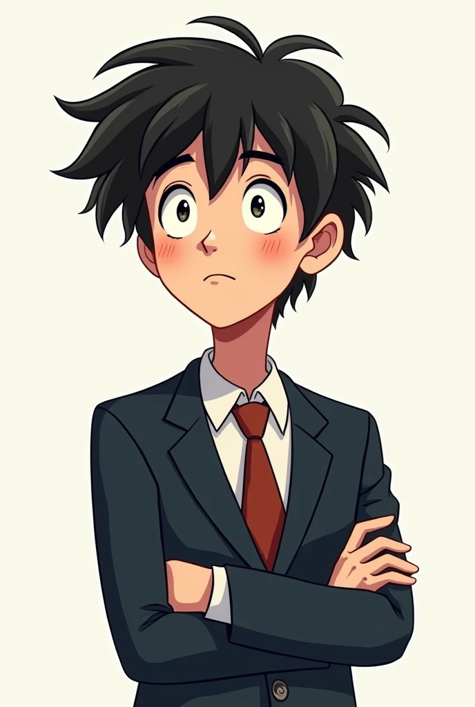 Teenage boy with messy black hair wearing a suit with a calm face , And look calm the drawing style is: cartoon network