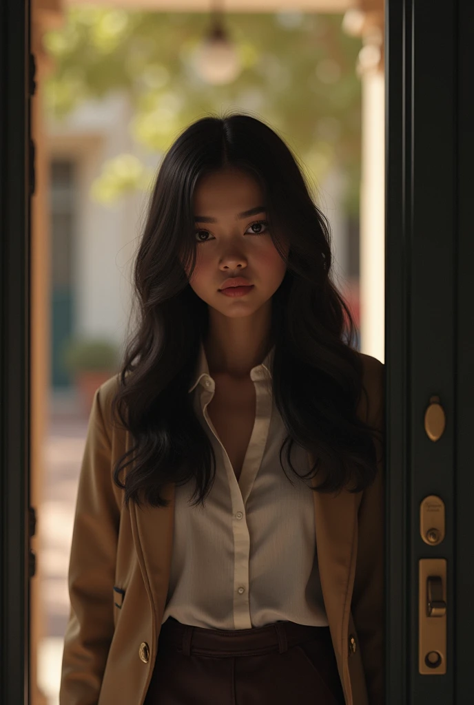 Young Colombian woman of 20 years old straight dark hair white tea round face with thin lips, thin nose, small eyes, thick eyebrows entering to study