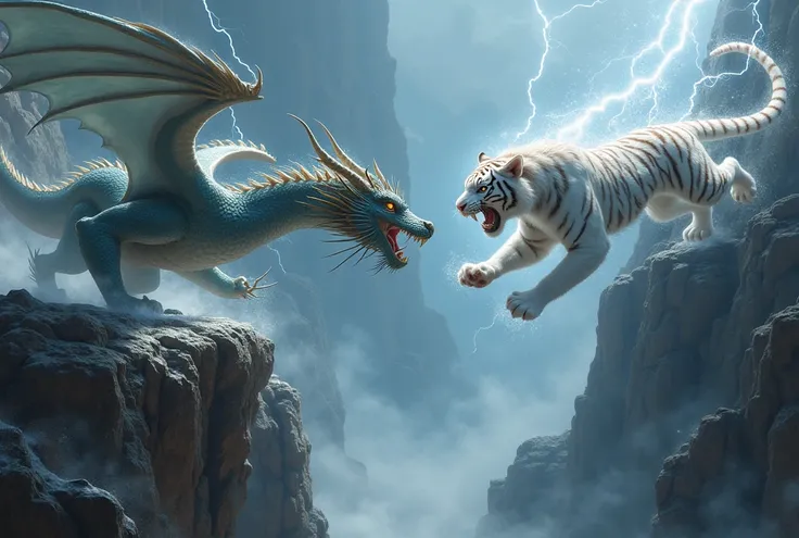 An epic, photorealistic painting of a soaring eastern dragon with lightning surrounding its body, confronting a leaping white tiger with snow covered fur on a high cliff overlooking a misty canyon, dramatic chiaroscuro lighting, sharp focus, breathtaking c...