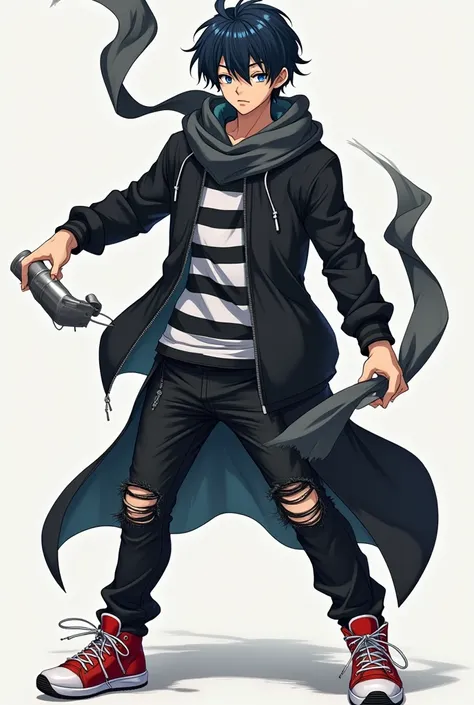  A young adult anime boy,  black hair with blue threads, blue eyes,  black and white striped shirt, black sweatshirt, ripped pants,  red and white shoes , dark gray scarf , attack pose