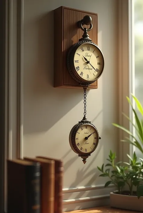 Small hanging clock with an inscription that says “time to live” on a counter 