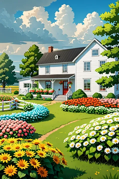 A FARM HOUSE WITH ALL ITS DETAILS AND FLOWERS