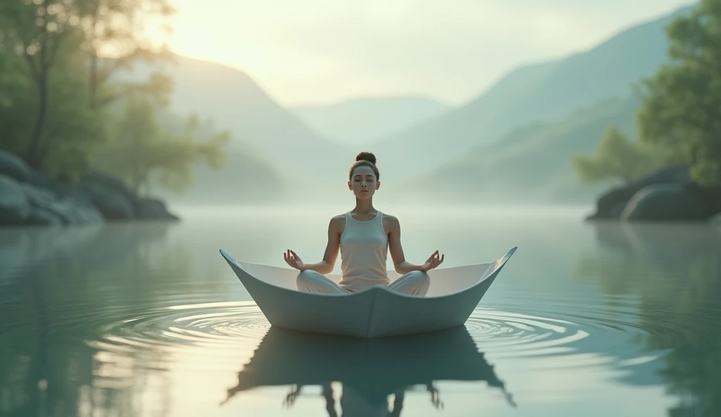 A meditator is sitting in a paper boat on water

