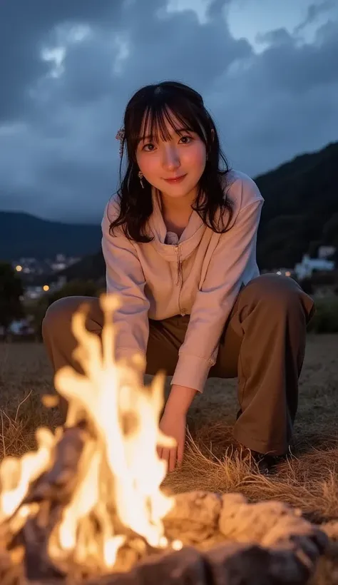 (top-quality,In 8K,​masterpiece:1.3,),( ultra high resolution, photorealistic:1.4,  Uncut Pictures  ),(Ultra-detailed, shiny skin, delicate skin),( detailed face ,perfect anatomy,caustics),(*********** Have a bonfire in the mountains ),Sit behind the bonfi...