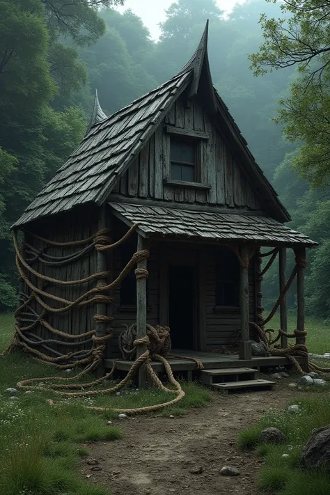 wooden hut entangled in a thick rope of bondage