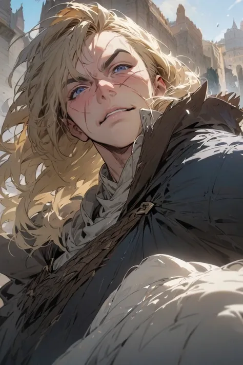 man ,blond, friendly, light beard, DND clothes, cloak, Loose good clothes, Leather Armor, black brown and blue colors ,big scar , ( masterpiece), ( best quality ), ( ultra detailed )