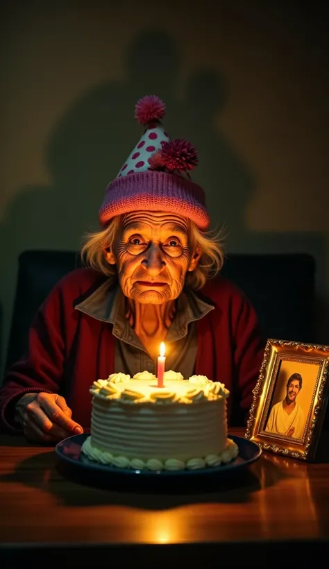  A frail and very old lady , with a thin ,  sickly appearance and sunken cheeks ,   sitting alone in front of a plain  ,  modest birthday cake with a single simple candle showing  .   His expression is profoundly sad  ,   with tears rolling silently down h...