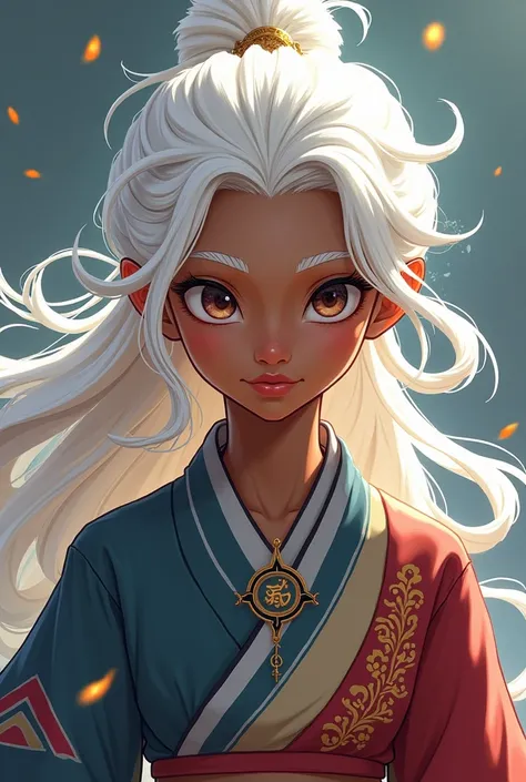 Young female Avatar Oc:a Lenda de Aang, dark-skinned and white-haired in 2D. no elf ears 