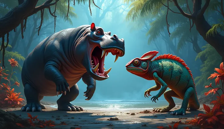 Create an image of an intense standoff between a hippopotamus and a chameleon, both exuding anger and aggression. The hippopotamus, with its massive jaws open wide, its tusks glinting in the light, stands in a threatening stance, eyes glaring. The chameleo...