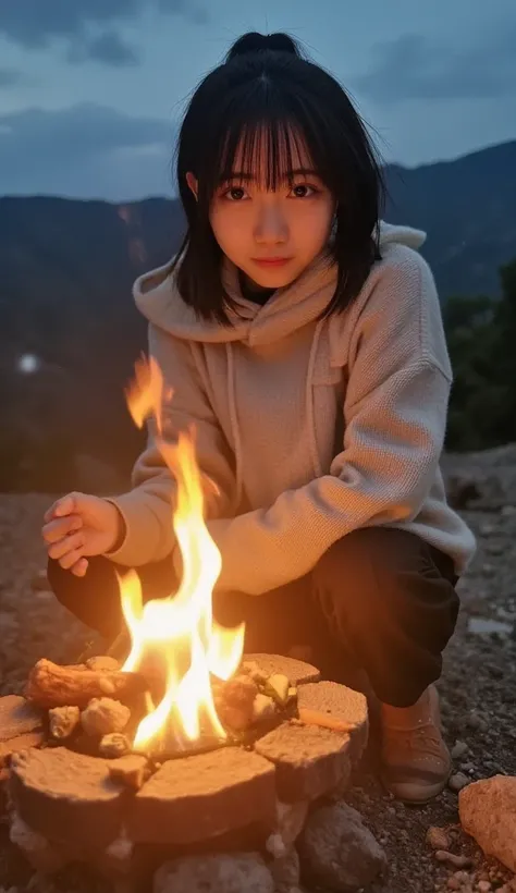 (top-quality,In 8K,​masterpiece:1.3,),( ultra high resolution, photorealistic:1.4,  Uncut Pictures  ),(Ultra-detailed, shiny skin, delicate skin),( detailed face ,perfect anatomy,caustics),(*********** Have a bonfire in the mountains ),Sit behind the bonfi...