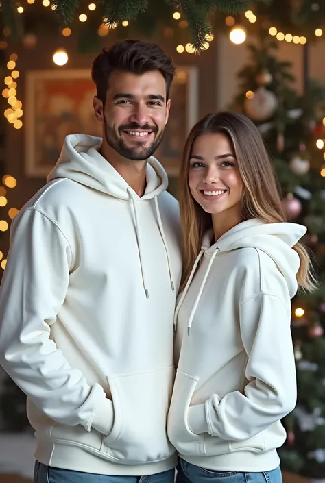  young couple wearing white hoodies ,  with a Christmas background and looking at the camera, Make Hoodies look good 