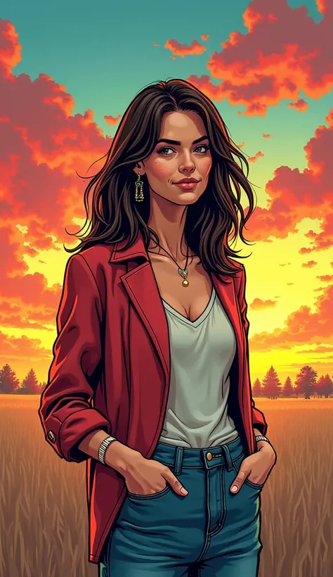 DISCREET image. with discreet casual clothes. image adult woman, american, comic book style. DISTRACTED. with a discreet smile. She is a Libra sign, IMAGES WITH VIBRANT COLORS.