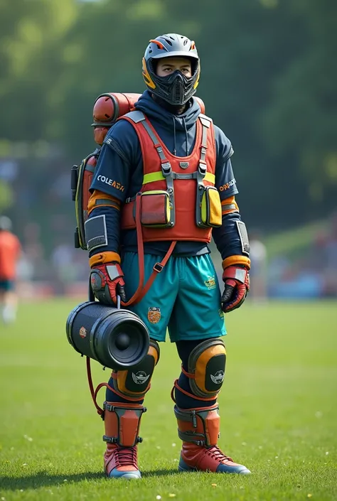 lacrosse player on a feild with a ski mask on carrying a speaker but wearing lacrosse pads and shorts and his pads are colorful colors, he is wearing no helmet