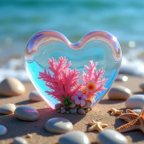 a translucent, iridescent, holographic heart containing coral, coloured flowers and a wave. the heart lies delicately on scattered large shiny pebbles and fine sand, with a starfish and shell. blue sea background, with a few waves and foam.