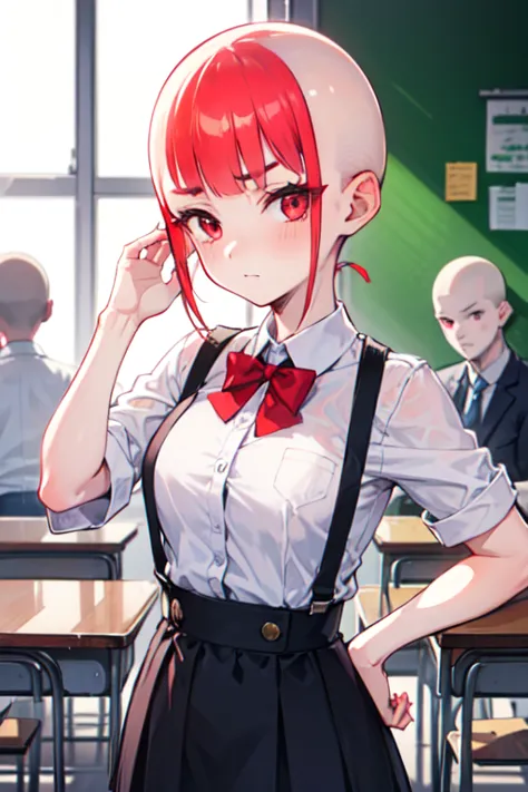 1 girl, aizawa tomo, 18yo, ((buzzcut shaved head)), red hair, thick brows, red eyes, big brests, tall height, uniforme escolar, traje verde, camisa blanca, corbata roja, tomboy, classroom, touching her head, embarrassed, friends touch their heads
