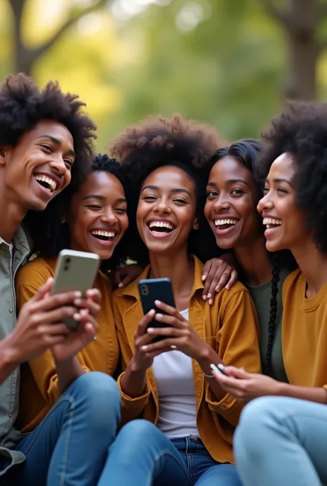 group of black-skinned friends ,  each is holding a smartphone and smiling at each other.