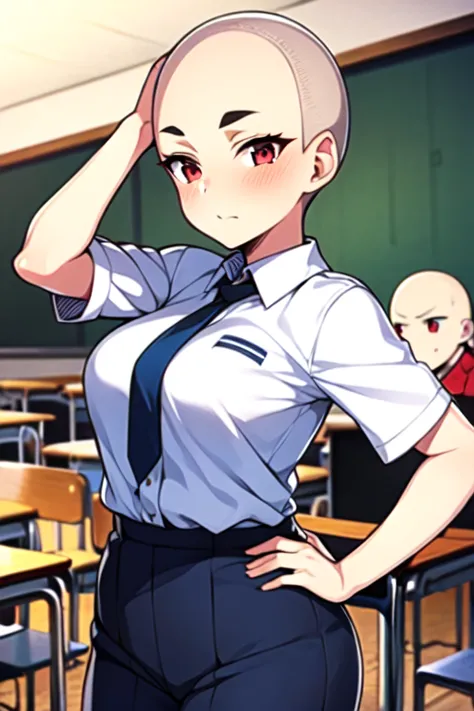 1 girl, aizawa tomo, 18yo, ((buzzcut shaved head)), red hair, thick brows, red eyes, big brests, tall height, uniforme escolar, ...