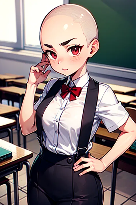 1 girl, aizawa tomo, 18yo, ((buzzcut shaved head)), red hair, thick brows, red eyes, big brests, tall height, uniforme escolar, ...