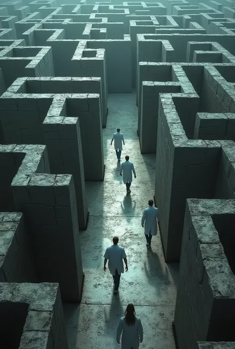 aerial view of a group of doctors lost in several corridors, a maze. stone square.