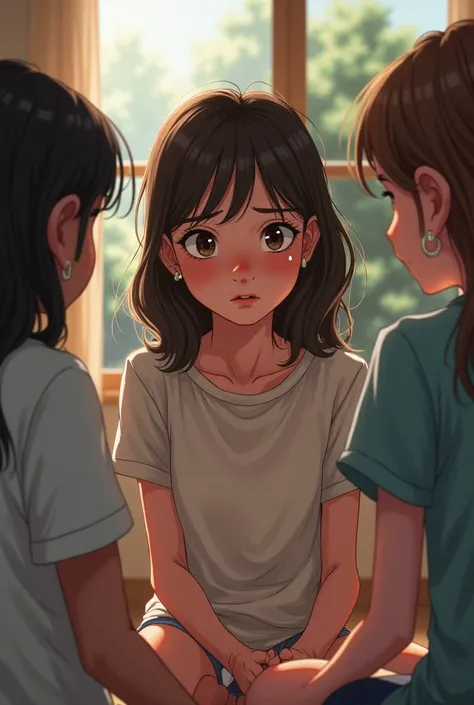 Create a drawing of a sad girl talking to her friends