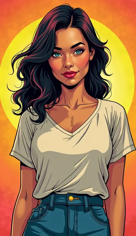 DISCREET image. with discreet casual clothes. image adult woman, american, comic book style. DISTRACTED. with a discreet smile. She is a Libra sign, IMAGES WITH VIBRANT COLORS.