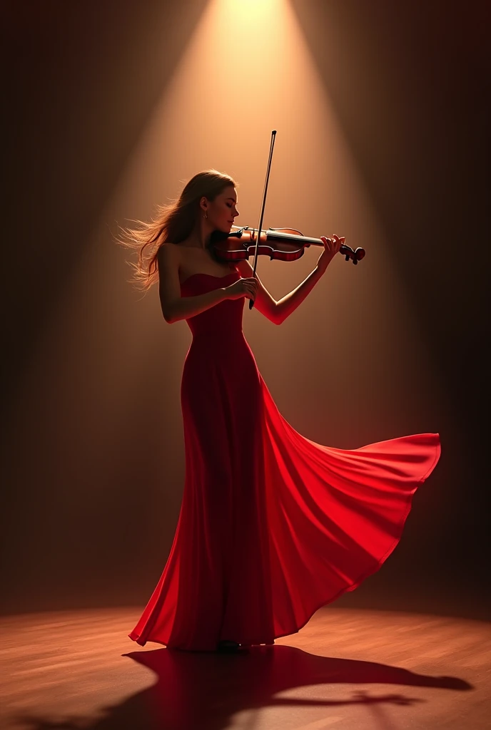 A talented violinist in a flowing red dress performs passionately under a spotlight on stage.