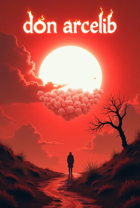 Un sol fait de rose blanche,  with a dead tree on the right ,  and in the middle left a silhouette of a single man ,  the sky is red with a white sun in the upper right, et en titre en haut au milieu io y a écrit : Don arcelib ,  with a flaming typography ...