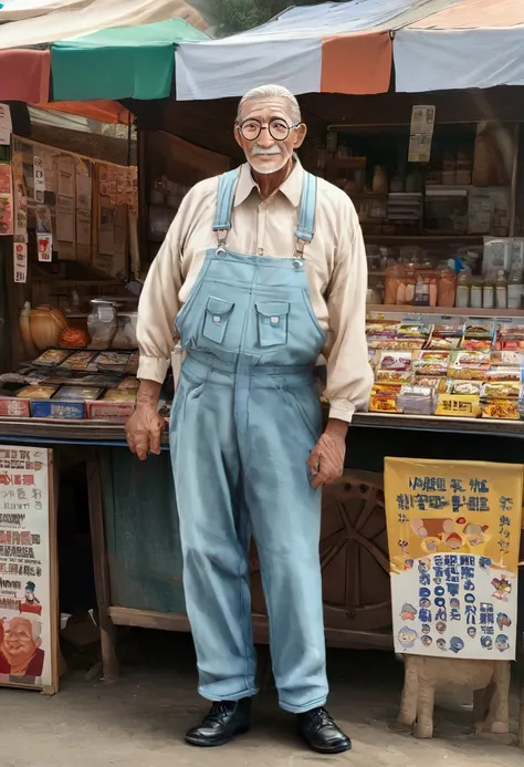 An elderly man with a gentle smile, old people glasses with one broken lens, facial hair, wears a light blue mechanic overalls and black shoes, works at a stall that sells bumper stickers with inspiring phrases, realistic body proportions, anime art style.