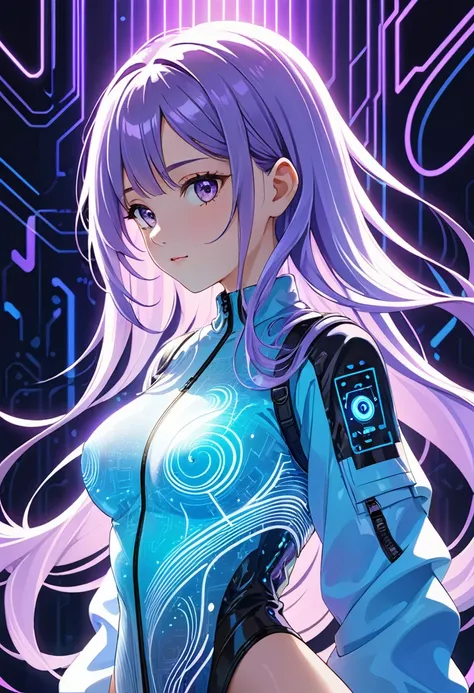 nude bold abstract tech character with long lavender hair fading into a glowing neon blue, dressed in a high-tech translucent jacket with minimalistic circuit designs, medium breasts, waist-up, glowing digital waves in the background